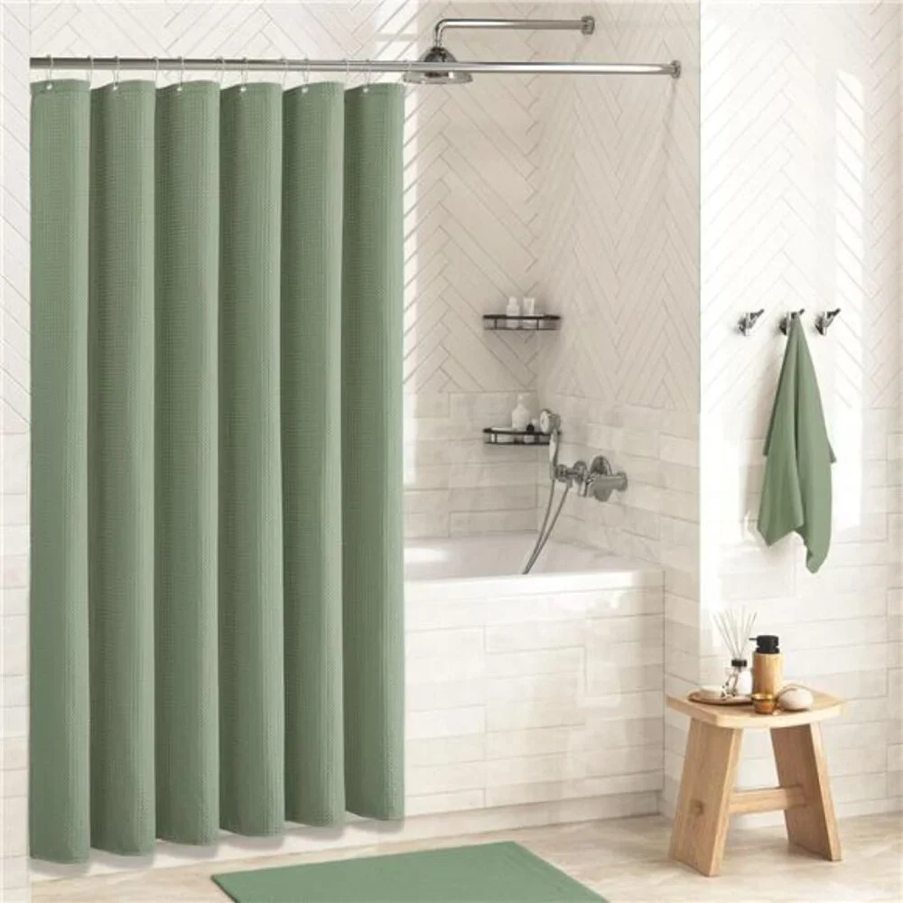 Sage Green Shower Curtain-Waffle Textured Heavy Duty Thick Fabric Shower Curtain